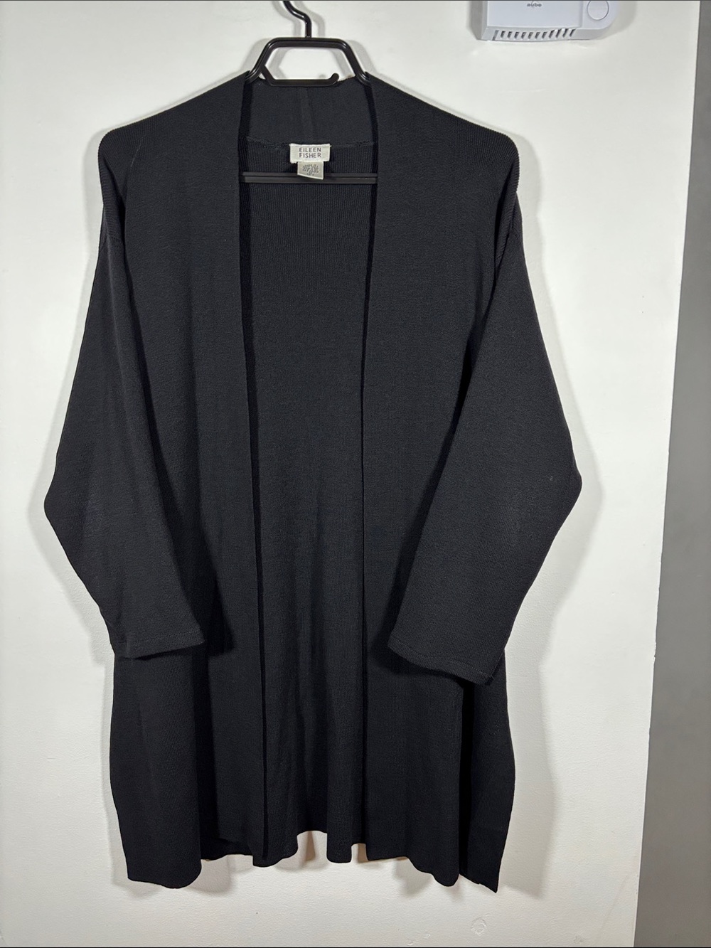 VTG Eileen Fisher Open-Front Knit Long Wool Cardigan Black Sz M Woman Classic